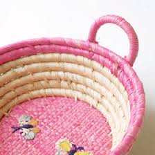 Mini Round Raffia Basket Embroidered Butterflies Rice DK